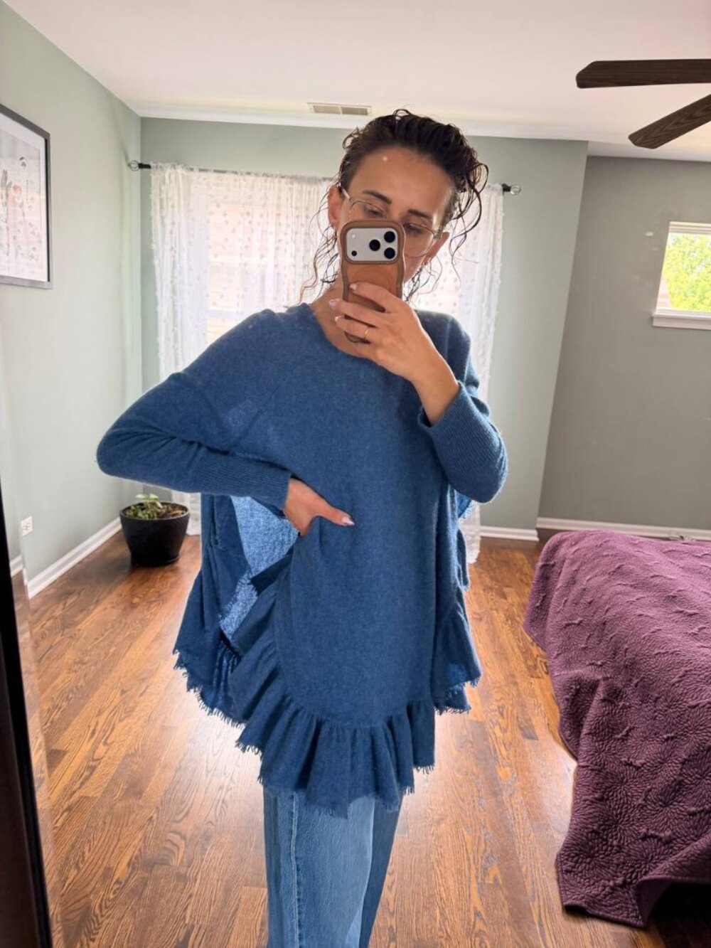 Minnie Rose Luxury 100% Cashmere Ruffle Trim Poncho Sweater in Dusty Blue